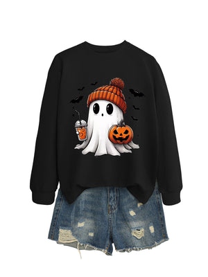 Women's Long Sleeve Crew-Neck Cute Halloween Ghost Sweatshirt