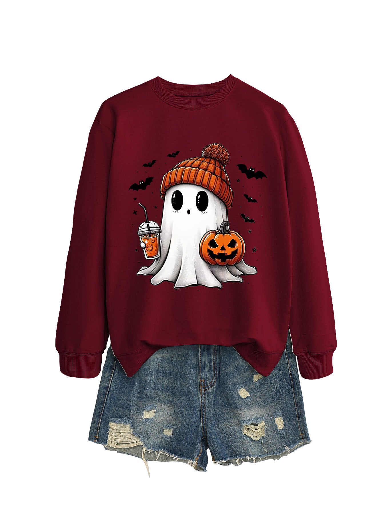 Women's Long Sleeve Crew-Neck Cute Halloween Ghost Sweatshirt