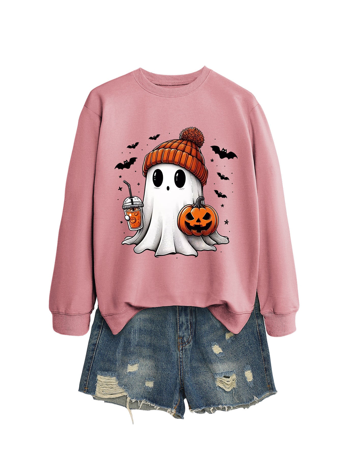 Women's Long Sleeve Crew-Neck Cute Halloween Ghost Sweatshirt