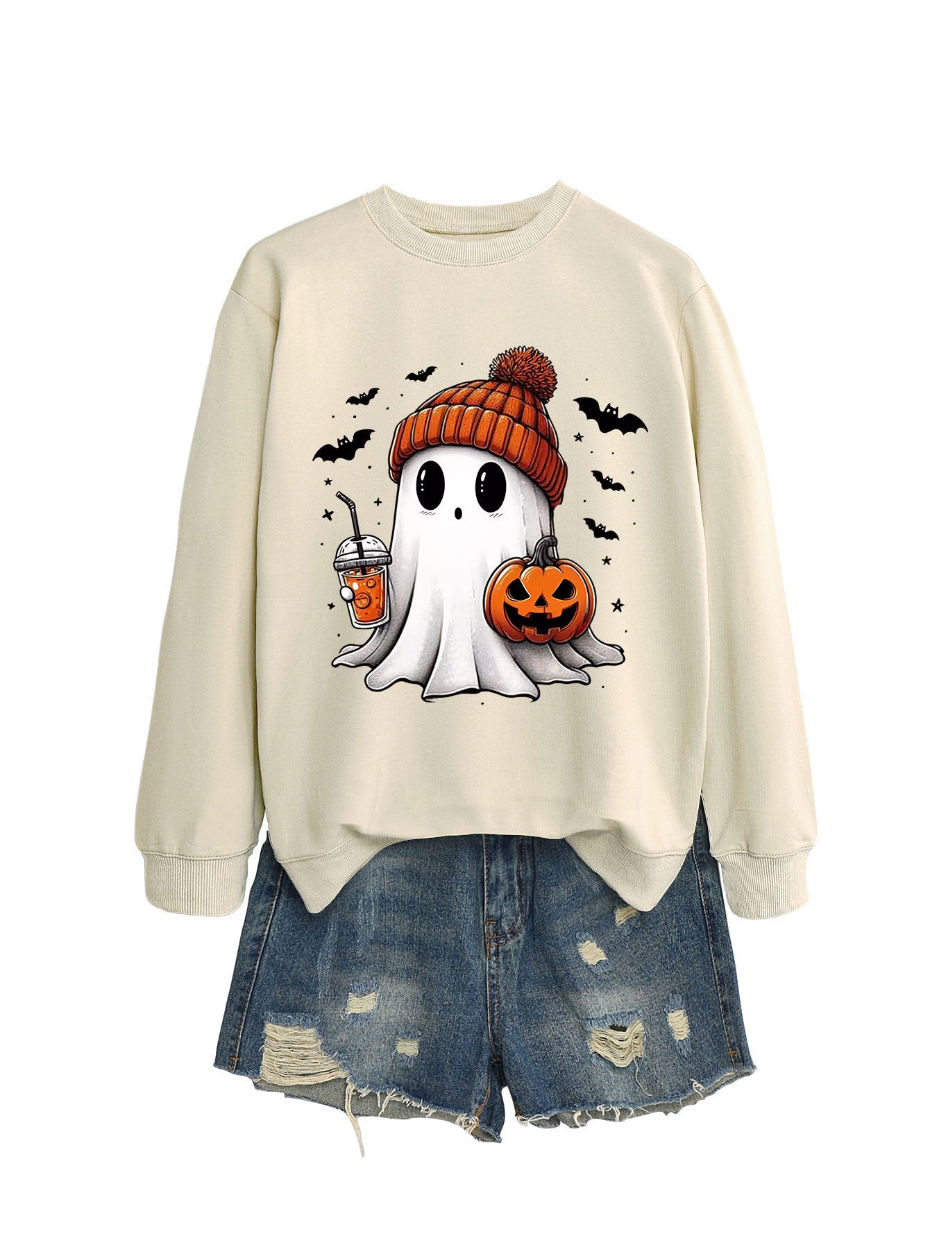 Women's Long Sleeve Crew-Neck Cute Halloween Ghost Sweatshirt