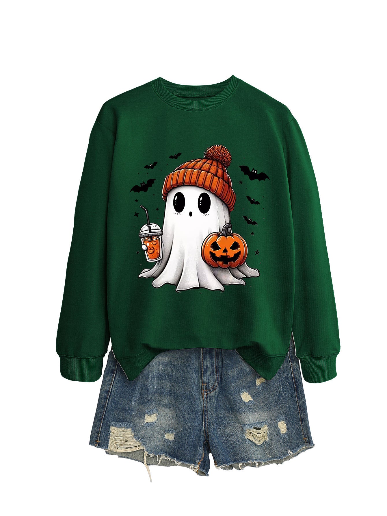 Women's Long Sleeve Crew-Neck Cute Halloween Ghost Sweatshirt