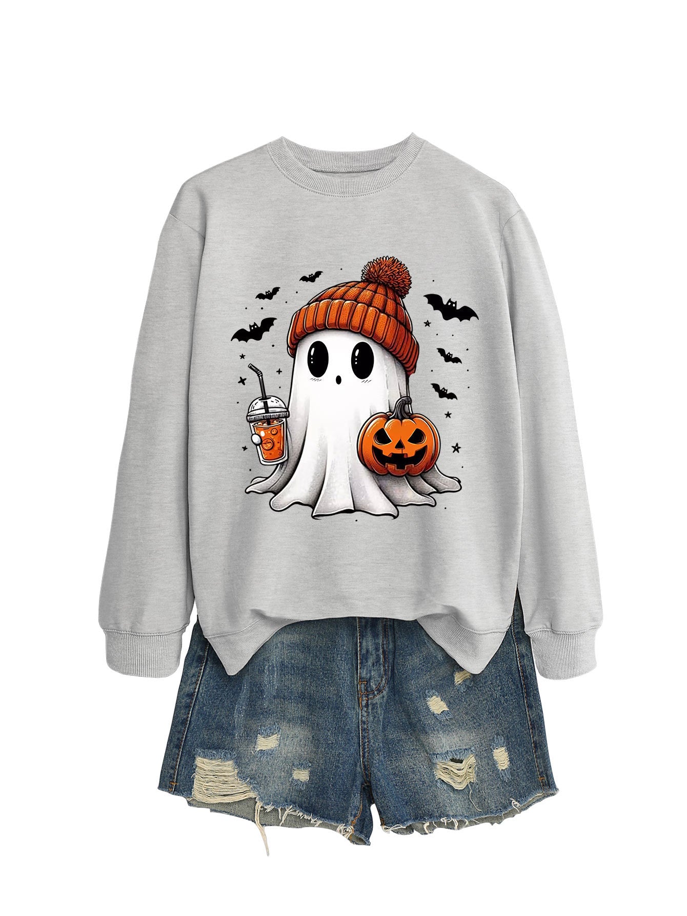 Women's Long Sleeve Crew-Neck Cute Halloween Ghost Sweatshirt