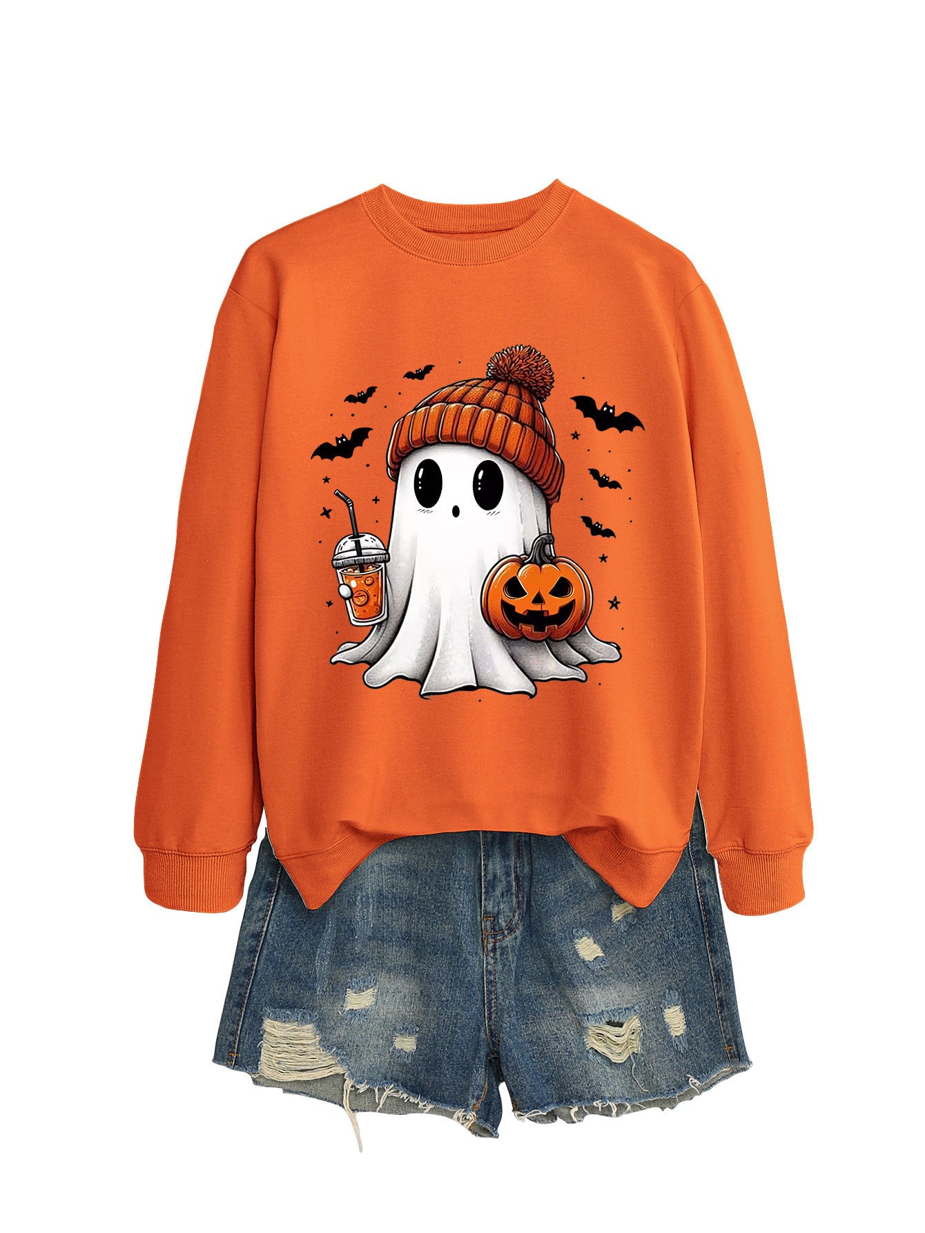 Women's Long Sleeve Crew-Neck Cute Halloween Ghost Sweatshirt